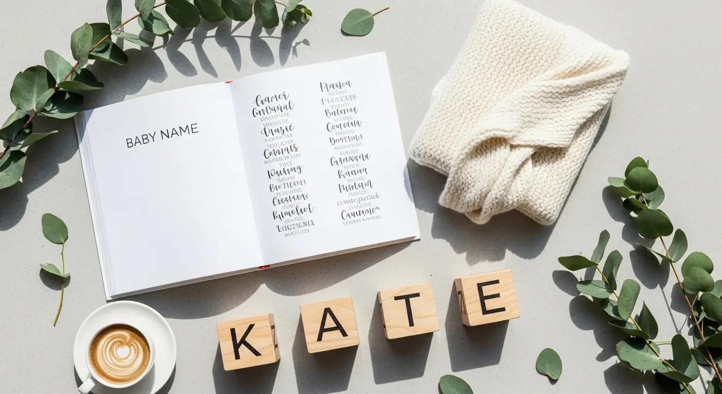baby name book and wooden blocks spelling Kate