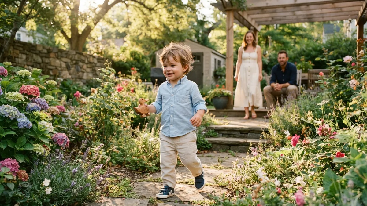 Toddler Boy Exploring Backyard
